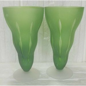 SASAKI Crystal Handcrafted Radiance Green Frosted Bud Vases Set 2 Japan 6" tall